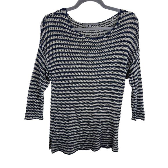 360 Sweater 100% Linen Blue Cream Striped Nautical 3/4 Sleeve Sweater Size S - Picture 1 of 7